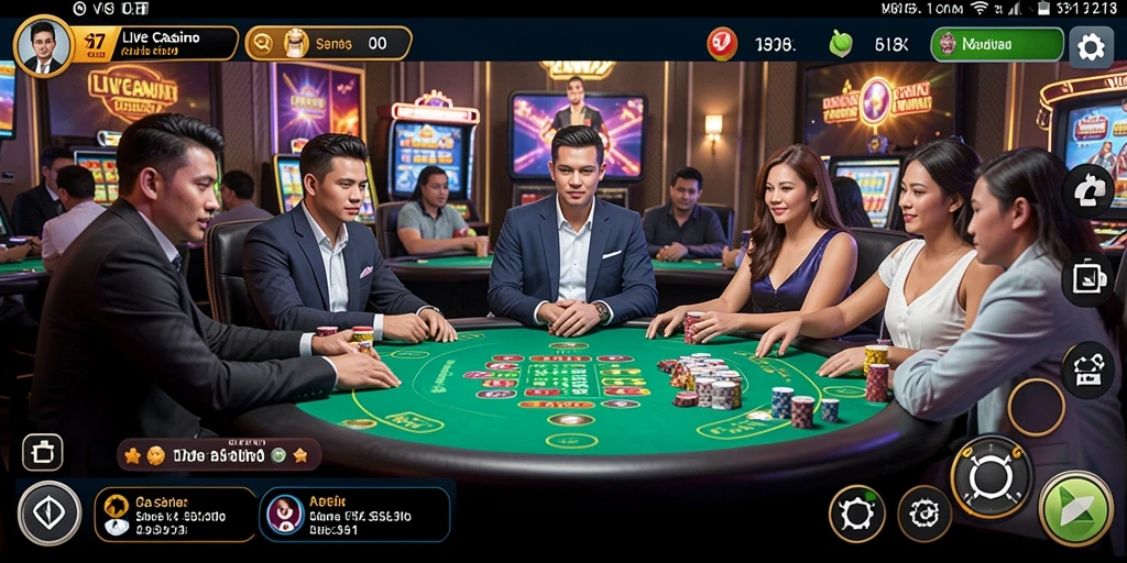 Screenshot gameplay Live Casino dengan tampilan dealer langsung.