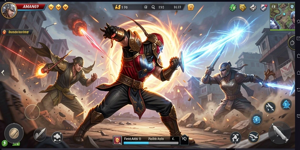 Tampilan gameplay AMAN69 dengan pertarungan seru dan karakter unik.