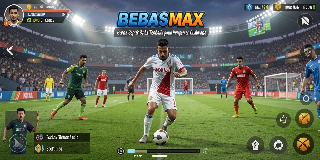 Tampilan gameplay seru dalam BEBASMAX yang menampilkan aksi sepak bola.