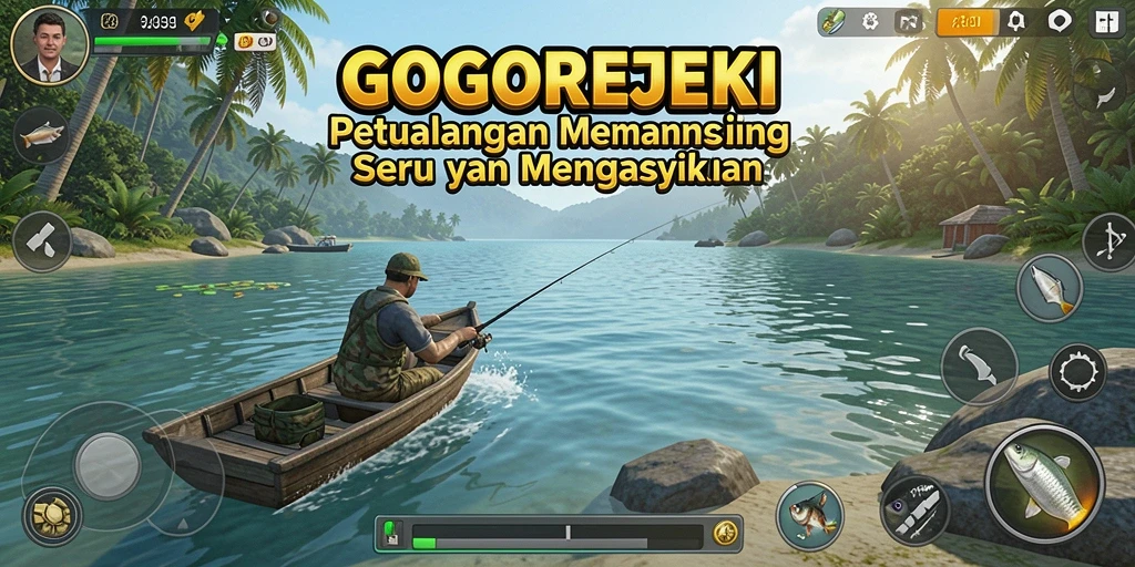 Tampilan layar utama GOGOREJEKI menampilkan aktivitas memancing yang seru di lautan.