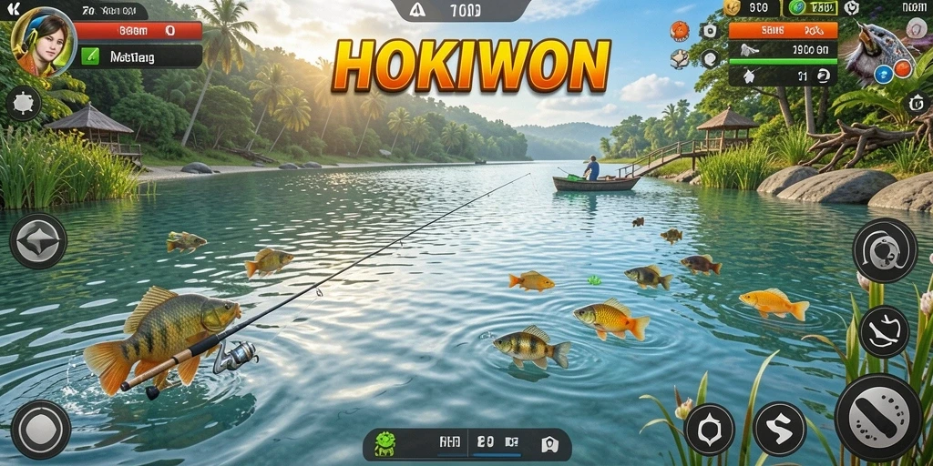 Tampilan gameplay seru dalam HOKIWON dengan memancing ikan besar.