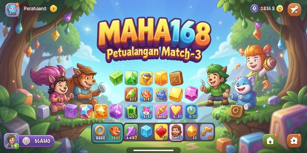 Tampilkan gameplay seru dalam permainan Match-3 MAHA168.