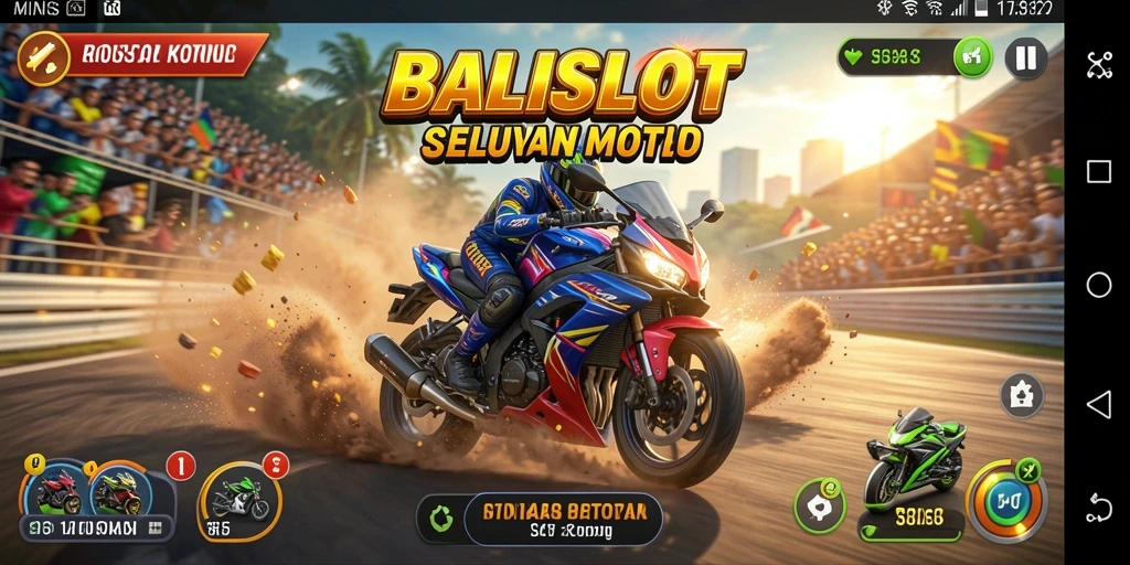 Screenshot MINISLOT menampilkan aksi balapan motor yang intens.